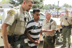 Cristhian Bahena Rivera, 24, arrives for his initial appearance on a charge of first-degree murder during at the Poweshiek County Courthouse in Montezuma, Iowa, on Wednesday, Aug. 22, 2018. Rivera is accused of killing University of Iowa student Mollie Tibbetts. (Jim Slosiarek/The Gazette/Pool)