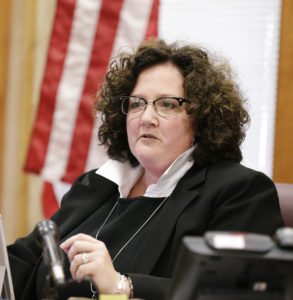 Magistrate judge Diane Crookham-Johnson presides over the initial appearance of Cristhian Bahena Rivera, 24, on a charge of first-degree murder during at the Poweshiek County Courthouse in Montezuma, Iowa, on Wednesday, Aug. 22, 2018. Rivera is accused of killing University of Iowa student Mollie Tibbetts. (Jim Slosiarek/The Gazette/Pool)