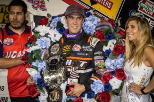 Jumping into the Tony Stewart Racing #14 for the first time didn’t phase Lemoore, California’s Carson Macedo at Tuesday’s Sage Fruit Ultimate ASCS Challenge presented by Searsboro Telephone Company. (photo by Denis Currier/Oskaloosa News)