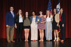 Sisters of the Lambda Delta Nu Sorority accepted the Governor's Volunteer Award on August 1, 2018 at the Ottumwa Bridge View Center.  (From left to right: Lt. Gov. Adam Gregg, LDN President-Sofie Lund, Alexis Guimaraes, Lorena Reyes, Amber Ovel, Megan Rhoads, WPU Alumna ('04), LBN Sister and Greek Council Member-Holly Brink, and Governor Kim Reynolds.)