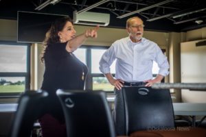 MCRF Director Sherry Vavra (left) and Congressman Dave Loebsack (right) inspect the Lacey Complex Stadium on Friday afternoon.