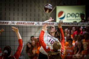Oskaloosa's Taylor Wills had 5 kills against Grinnell on Tuesday evening. The Indians defeated the Tigers 25-12, 25-12, and 25-20.