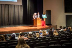 James North (left) introduces Dr. Howarth Bouis (right) for the Annual World Food Prize lecture at George Daily Auditorium.