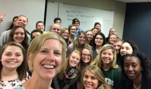 Aileen Sullivan, Iowa Teacher of the Year Award Recipient, poses with WPU Education Club Members on Thursday, October 23, 2018.  (submitted photo)
