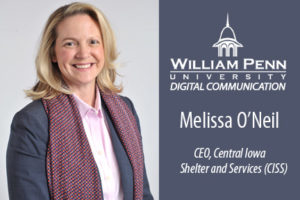 Melissa O’Neil, CEO of Central Iowa Shelter and Services (CISS), will present on Thursday, November 15, at 6:00 p.m. in the Musco Technology Center (MTC) on the Oskaloosa campus.