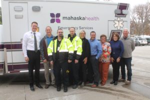 The Mahaska Health Foundation recently purchased safety jackets for paramedics. Shown are, from left: Mahaska Health CEO Kevin DeRonde, Board Member Andy Holmberg, Paramedics Troy Schutt and Rob Hanlon, and Foundation Board Members Sandy Bailey, Josh Buckingham, Vicky Collette, Shawn Langkamp and Guy Vander Linden.