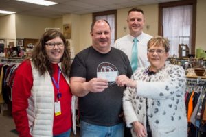 Mahaska County Outreach representatives Mary Blakely and Mark Tennison (both left) to Mahaska Health representatives Kevin DeRonde and Cathy Stahl (both right) in the amount of $1547.10 for the Mahaska Health Foundation.