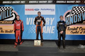 Saturday's winners at Knoxville were Jamie Ball (360), Sheldon Haudenschild (410) and Tyler Groenendyk (Pro Sprints) (Ken Berry Photo)