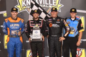 Victory Lane on Night #1 of the 31st Annual My Place Hotels 360 Knoxville Nationals presented by Great Southern Bank: Shane Golobic (2nd), Sam Hafertepe Jr. (1st), Lynton Jeffrey (3rd) (Paul Arch Photo)