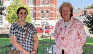 Oskaloosa Main Street Director Jessica Reuter (left) and Kathy La Plante, Senior Program Officer and Director of Coordinating Program Services at Main Street America, visited the downtown Oskaloosa Main Street district on Tuesday, September 28, 2021.