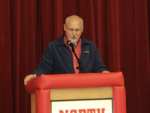 Former fifth grade teacher Kraig Van Hulzen related the story of his father in-law’s experiences in World War II during North   Mahaska’s Veteran’s Day program.