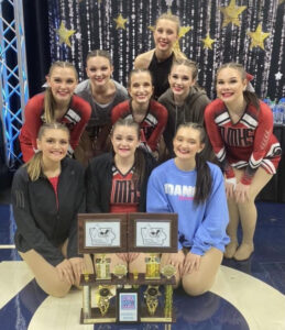 Photo courtesy of Carrie Kline North Mahaska participated at the Iowa State Dance Championships on Dec. 2. The team placed second in novelty, fourth in jazz and received a Division I rating in pom routine. Team members are front row (l-r): Lexi VanUtrecht, Morgan Hudson, and Gracee Chandler. Middle row: Lily Hartwig, Ava Pickard, Ally Livezey, Natalie LaRue, and Dani Miller. Back: Breckyn Schilling.