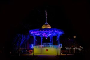The Oskaloosa bandstand what lit with the colors of Ukraine this week as a sign of solidarity.