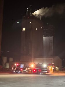 Oskaloosa, Fremont, New Sharon, and Ottumwa fire departments are working a fire at DFS in southeast Oskaloosa. Mahaska County CERT and Mahaska Health Emergency Services are also on the scene.  photo by Joe Milledge/KIIC