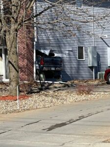 On February 8, 2023, at approx. 11:02 a.m., Officers of the Oskaloosa Police Department were dispatched to a traffic crash in which a vehicle had left the roadway and struck an apartment building in the 800 block of 15th Ave E. (submitted photo)