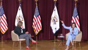 Vice President Kamala Harris, right, speaks with Jennifer Palmieri at Drake University’s Sheslow Auditorium on reproductive rights. (Screen shot from White House video)
