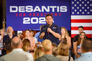 Florida Republican Governor and 2024 Presidential Candidate Ron DeSantis during a campaign stop in Oskaloosa, Iowa on July 28th, 2023.