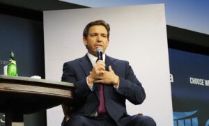 Florida Gov. Ron DeSantis spoke July 14, 2023 at the Family Leadership Summit in Des Moines. (Photo by Kathie Obradovich/Iowa Capital Dispatch)