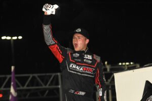 Parker Price-Miller celebrates his win on night #2 of the 360 Nationals (Paul Arch Photo)