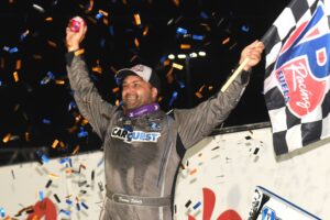 Donny Schatz celebrates his win on Prelim Night #1 at Knoxville Wednesday (Paul Arch Photo)