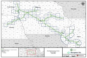  The route of Navigator CO2’s proposed Heartland Greenway pipeline. (Courtesy of Navigator CO2)