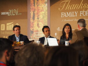 Florida Gov. Ron DeSantis, entrepreneur Vivek Ramaswamy and former U.N. Ambassador Nikki Haley spoke at the Family Leader Presidential Thanksgiving Forum in Des Moines Nov. 17, 2023, moderated by Family Leader President and CEO Bob Vander Plaats. (Photo by Robin Opsahl/Iowa Capital Dispatch)