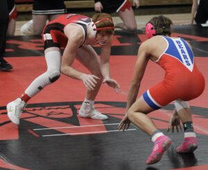 RD Keep/NM Communications Photo
Ryan Groom and Briar Kriegel look eye-to-eye as they prepare to make a move. Groom went 3-0 on the night including this 6-2 decision.