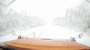 The view from an Iowa DOT plow truck that is east of Oskaloosa on Highway 92 on January 9th, 2024 at 10:30 am.