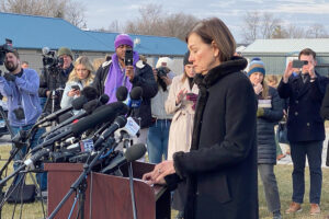 Gov. Kim Reynolds speaks at a press conference in Perry on Jan. 4, 2024, following a high school shooting. (Photo courtesy of Douglas Burns)
