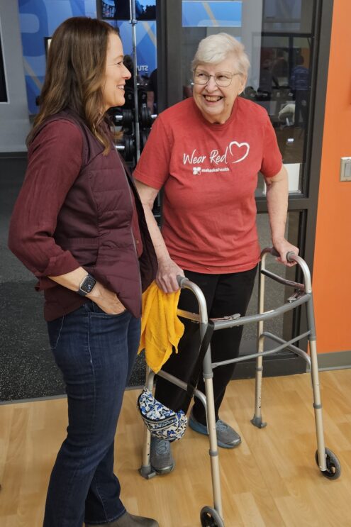 Congressional candidate Christina Bohannan talks with Joyce Capps of Oskaloosa at the Mahaska County YMCA on April 3, 2024. Bohannan was on a listening tour through the five counties of Iowa Senate District 44.