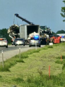 Accident on 163 involving a semi and a farm sprayer. (photo by Fred Wigchert)