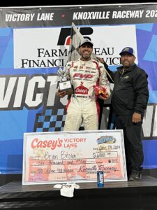 Brian Brown celebrates his win at Knoxville Saturday