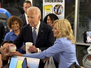  President Joe Biden and first lady Jill Biden dropped by a Waffle House in Atlanta to pick up food shortly after midnight. He told reporters “I think we did well” when asked about his CNN debate performance on June 27, 2024. (Photo by Jill Nolin/Georgia Recorder)