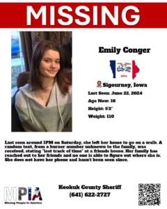 Emily Conger, age 16, from Sigourney, Iowa, was last seen on Saturday, June 22, 2024 in Sigourney. (Photo courtesy of Missing People of America social media)