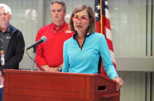  Gov. Kim Reynolds spoke about the state’s flood emergency response and recovery efforts during a news conference at the State Emergency Operations Center in Johnston June 23, 2024. (Photo by Robin Opsahl/Iowa Capital Dispatch)
