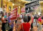 Iowans who support abortion restrictions rally July 11, 2023 in the Iowa Capitol rotunda alongside supporters of abortion rights. (Photo by Kathie Obradovich/Iowa Capital Dispatch)