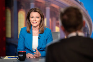 State Rep. Christina Bohannan, Democratic candidate for the 1st Congressional District, speaks during a debate with U.S. Rep. Mariannette Miller-Meeks, R-Iowa, at Iowa PBS in Johnston on Sept. 26, 2022. (Pool photo by Zachary Boyden-Holmes/Courtesy of Iowa PBS)