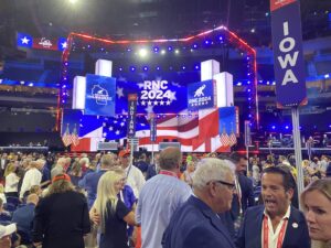 The view from the Iowa delegation seats at the Republican National Convention in Milwaukee. (Photo by Jennifer Shutt/States Newsroom)