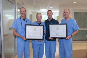 Mahaska Health Surgeons with Iowa Center of Excellence Awards for General Surgery and Surgical & Medical Oncology (l-r), Dr. Kollmorgen, Oncology Medical Director & Vice President of Medical Affairs, Dr. Riggs, General Surgeon, Dr. Van Maanen, Surgery Medical Director, and Dr. Breon, Chief Medical Officer.