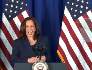  Vice President Kamala Harris laughs as she takes the stage at a voting rights event at Howard University in Washington, D.C., on July 8, 2021. (Screen shot from White House livestream)
