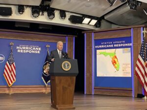 President Joe Biden speaks about the federal government’s response and recovery efforts to hurricane season in the Eisenhower Executive Office Building’s South Court Auditorium on Oct. 10, 2024. (Photo by Jennifer Shutt/States Newsroom)