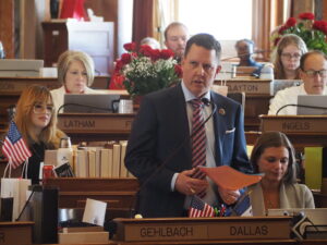  Rep. Dan Gehlbach, R-Urbandale, spoke on funding Iowa’s public K-12 schools on the House floor Feb. 13, 2025. (Photo by Robin Opsahl/Iowa Capital Dispatch)