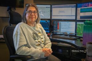 Tisha Kelderman sits at her console this past week. She is the dispatcher who answered the phone during this authors heart attack, being that calm voice during a stressful time.