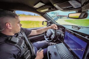 Oskaloosa Police Officer monitors speed along Highway 163 in Oskaloosa. He recently pulled over a speeder doing 91 in a 65 mph speed zone.