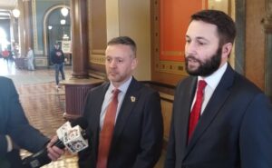  Sen. Dan Dawson, R-Council Bluffs and Rep. Bobby Kaufmann, R-Wilton talk to reporters March 6, 2025 about their property tax proposal. The updated version of this package was discussed in a subcommittee meeting May 7. (Photo by Robin Opsahl/Iowa Capital Dispatch)