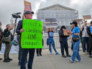  Rev. Patrick Mahoney, director of the Christian Defense Coalition, joined demonstrators outside the U.S. Supreme Court on May 15, 2025, to protest the Trump administration’s effort to strip birthright citizenship from the Constitution. (Photo by Ashley Murray/States Newsroom)