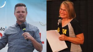  U.S. Reps. Zach Nunn and Mariannette Miller-Meeks, incumbent Republicans, raised more than their Democratic challengers in the most recent FEC reporting period. (Photos by Robin Opsahl/Iowa Capital Dispatch; photo illustration via Canva)