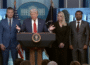 President Donald Trump announces a “crime emergency” in Washington, D.C., during a White House press conference on Aug. 11, 2025. Standing behind Trump are, from left to right, Interior Secretary Doug Burgum, Defense Secretary Pete Hegseth, Attorney General Pam Bondi, FBI Director Kash Patel and U.S. Attorney for the District of Columbia Jeanine Pirro. (Image via White House livestream)