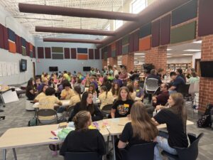 Student leaders from 10 southeast Iowa schools fill the Oskaloosa High School commons during the Southeast District Officer Boot Camp on Sept. 10. Hosts expanded the setup early to accommodate about 90 participants as they rotated through leadership training sessions.