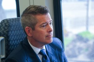 U.S. Secretary of Transportation Sean Duffy rides on a FrontRunner train in Salt Lake City during a media event on Monday, April 7, 2025. (Photo by McKenzie Romero/Utah News Dispatch)
